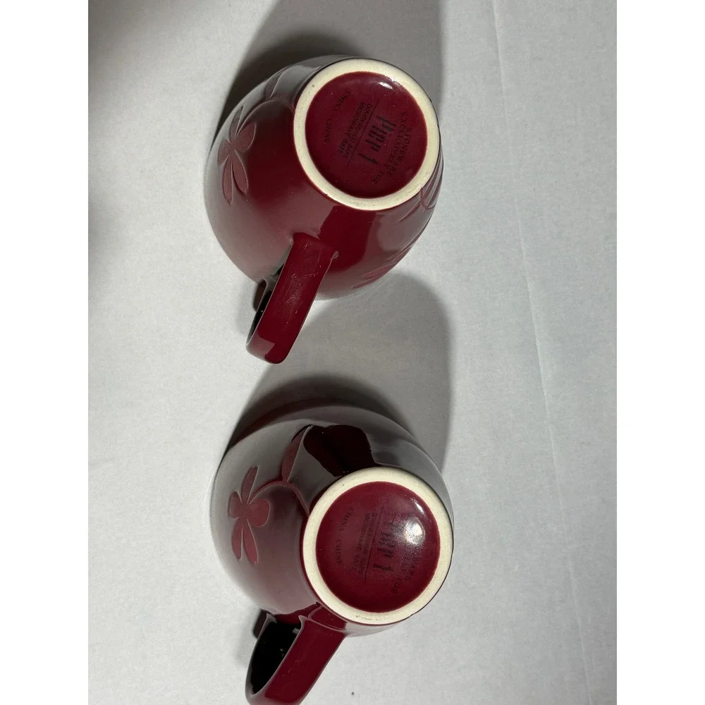 Pier 1 Red Floral Embossed Stoneware Coffee Mugs Set of 2 Deep Red Burgundy